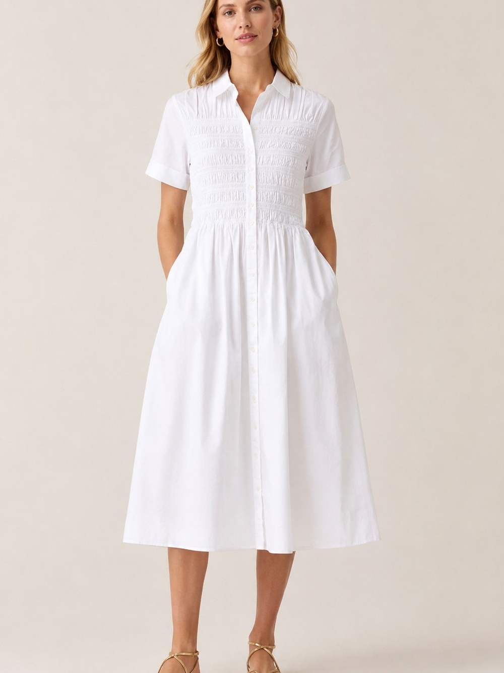 J. Crew Elsie Shirt Dress White Cotton Poplin Smocked Midi Size S NWT